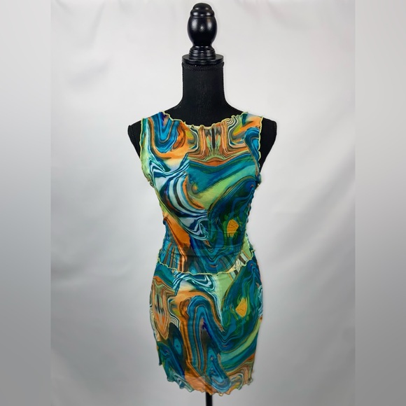 Matching Set Dress Multicolor Marble Print Mesh Dress Lettuce Trim SHEIN - Picture 2 of 11